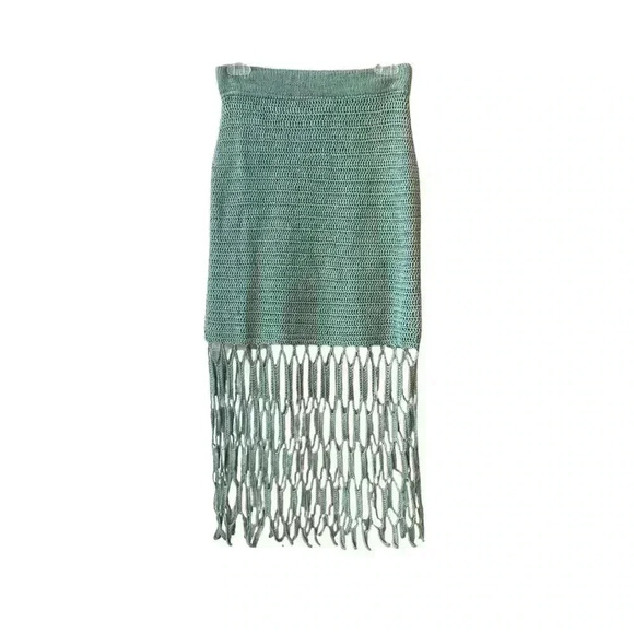NEW AYNI Tarania Crochet Lined Open Stitch Fringe Skirt Mint Green Size Medium - Picture 6 of 10